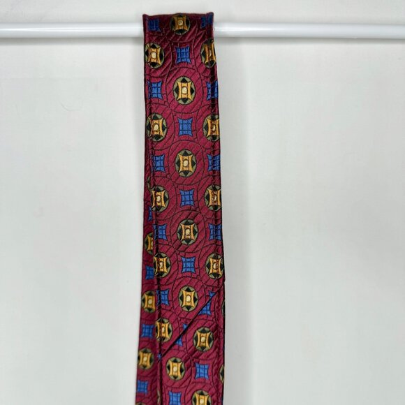 Vtg Beau Brummel SOHO Men’s Neck Tie 3 ½” Maroon Blue Gold Geometric 100% Silk - Picture 8 of 11
